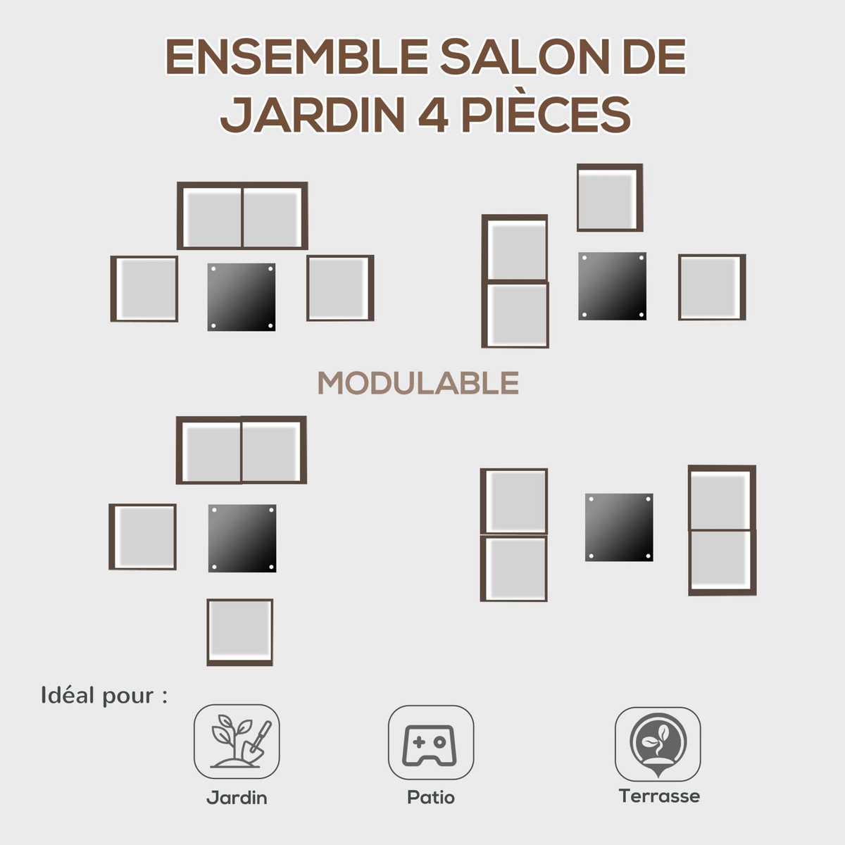 OUTSUNNY Ensemble salon de jardin 4 places 4 pièces design style yachting coussins déhoussables inclus table basse métal époxy résine tressée anthracite