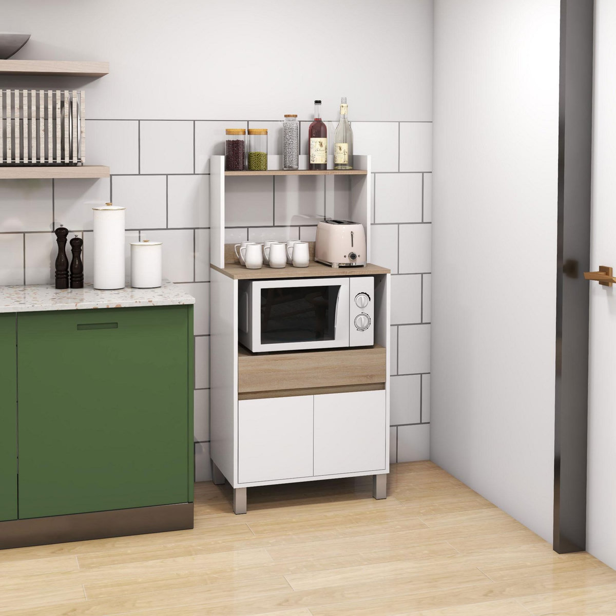 HOMCOM Meuble de rangement desserte de cuisine pour micro-ondes avec placard tiroir étagère supérieur 60 x 40 x 131 cm naturel et blanc