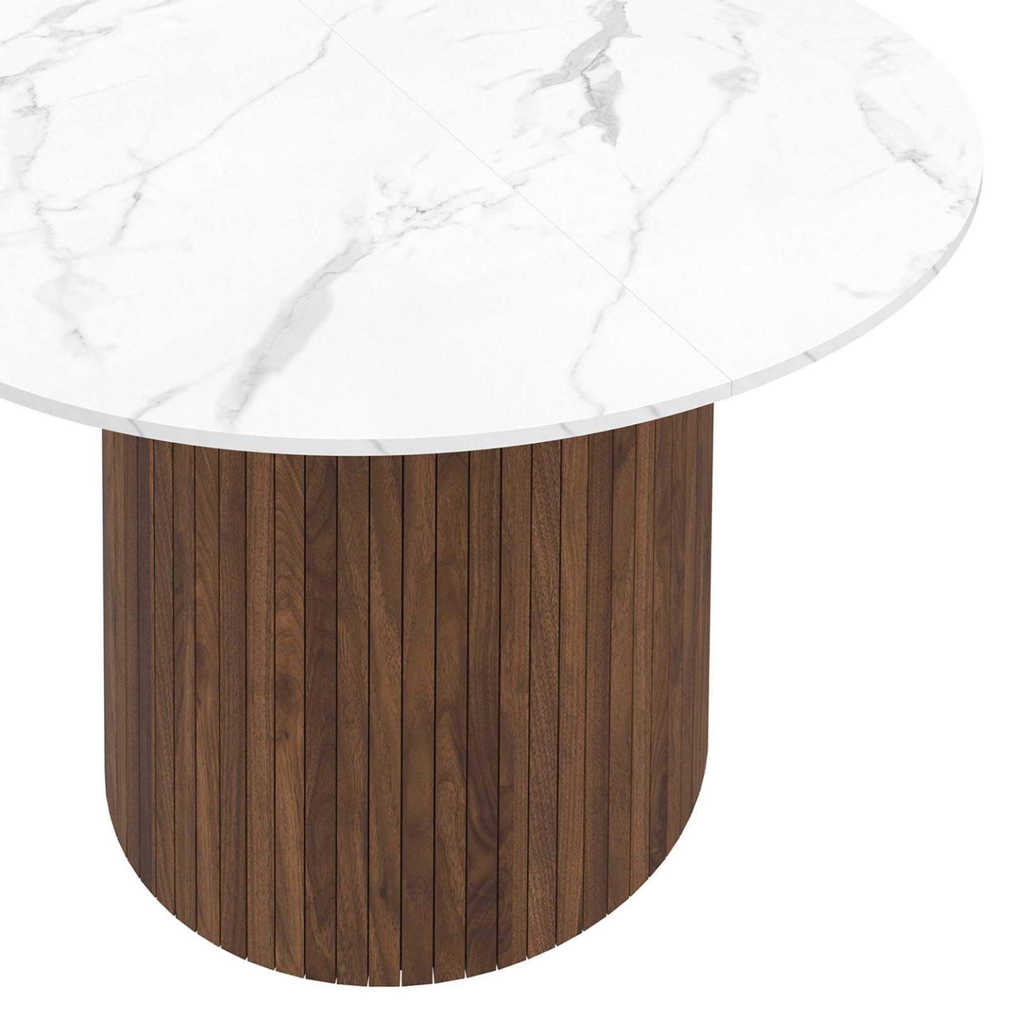 Voir la diapositive 5 : ID MARKET Table à manger ronde juliette 6 personnes pied central effet lattes noyer et plateau effet marbre blanc alaska 110 cm