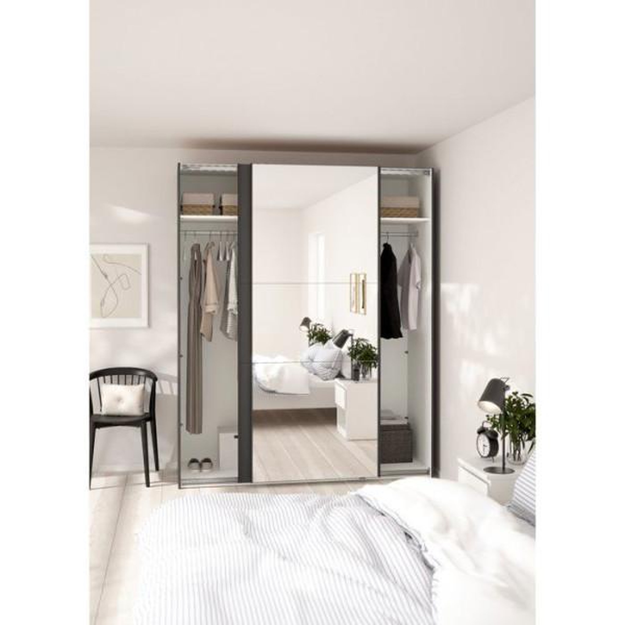 Voir la diapositive 2 : MARKET24 Armoire de chambre - como - gris mat - 2 portes coulissantes dont 1 avec miroir - 178,5 x 66,6 x 220,4 cm