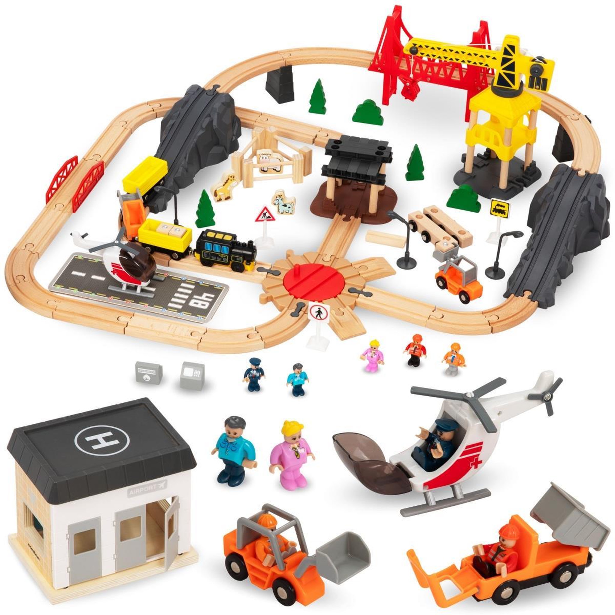 MAMABRUM Train Electrique & Circuit Voiture Mamabrum, Ville avec chantier construction, piste d'atterrissage
