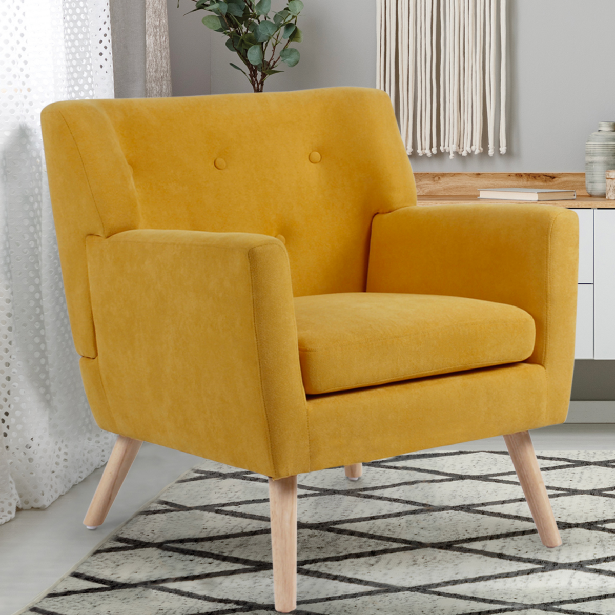 ID MARKET Fauteuil scandinave LIV en tissu jaune moutarde