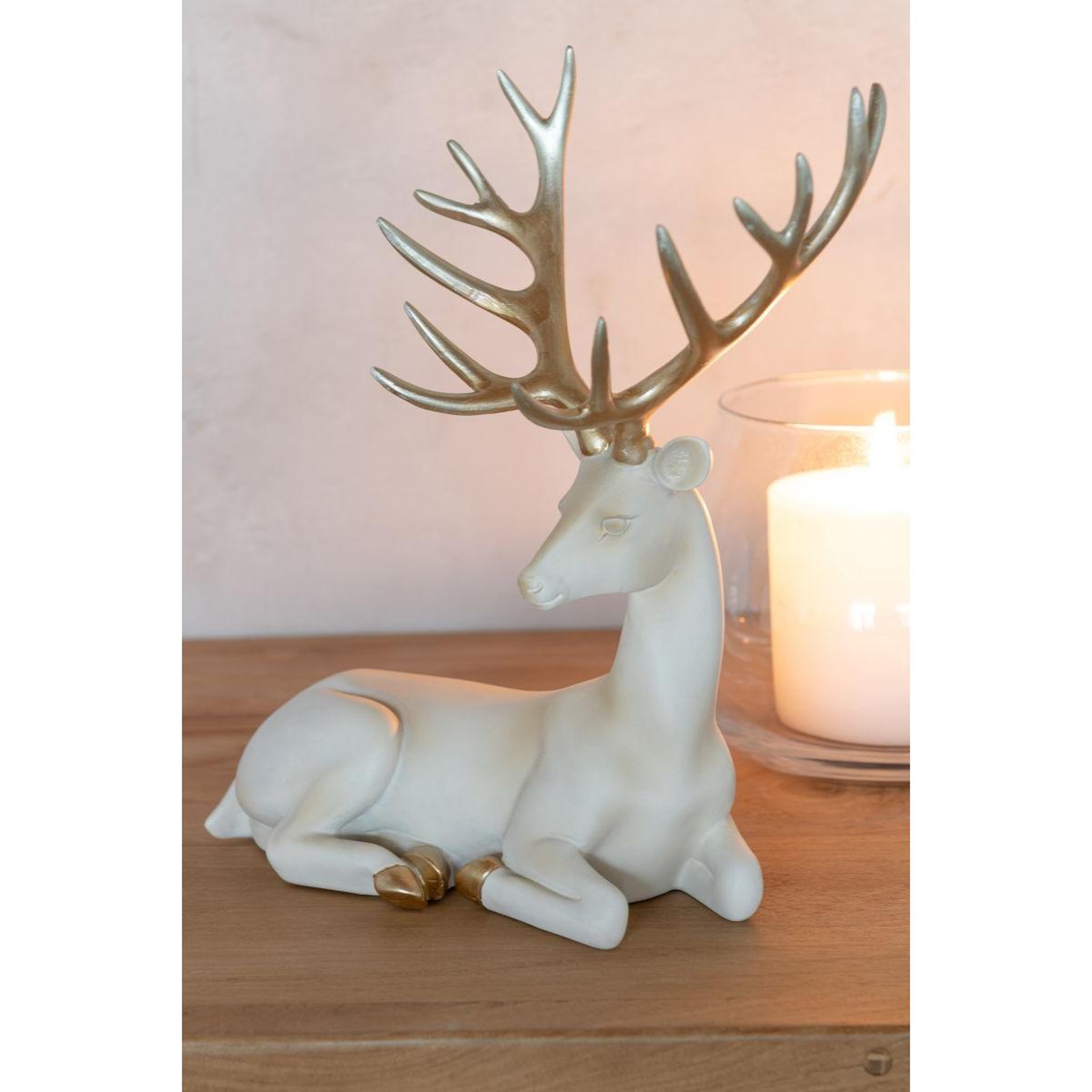 Voir la diapositive 3 : J-LINE Statuette cerf déco  couché  29cm beige clair