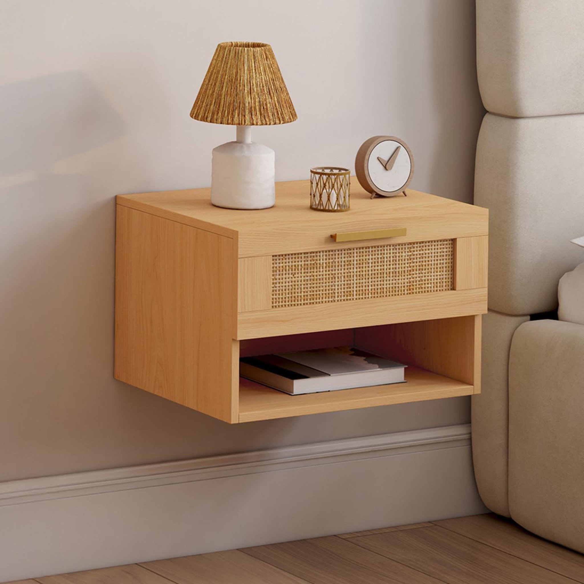Voir la diapositive 2 : ID MARKET Lot de 2 tables de chevet murales robert 1 tiroir avec niche effet naturel cannage et bois