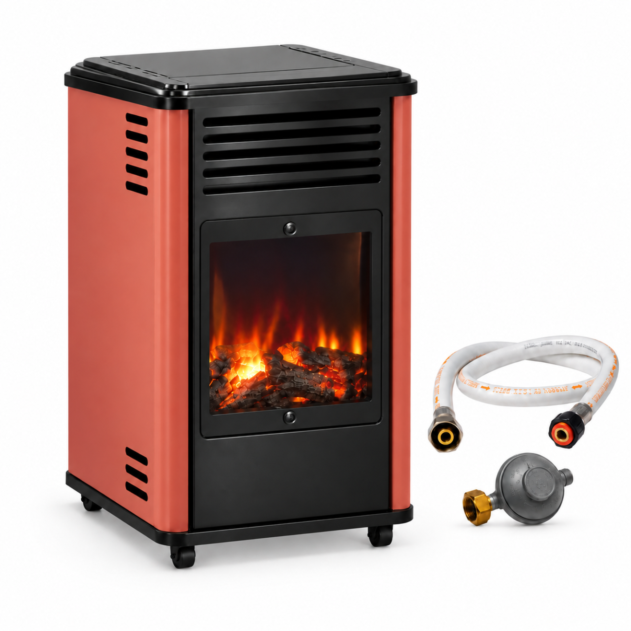 SAHARA Poêle à gaz mobile 3,4KW Effet feu de bois - Chauffage gaz Rouge & Noir + Tuyau gaz + Détendeur butane Manhattan Sahara