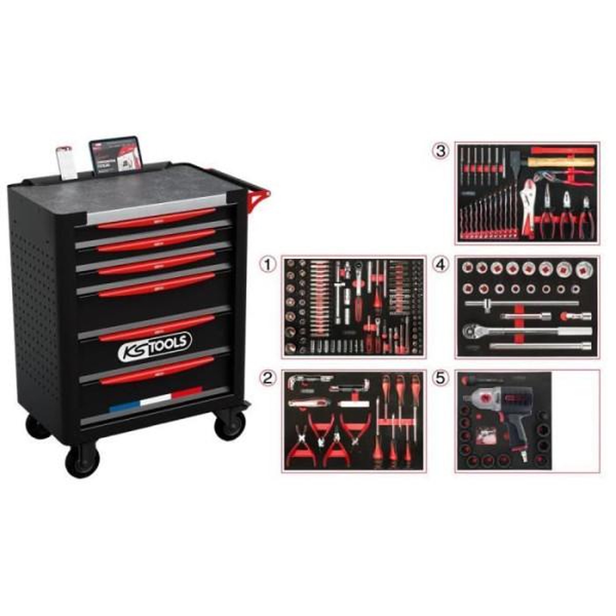 Voir la diapositive 4 : KS TOOLS Servante d'atelier - equipée - 6 tiroirs - ks tools - 824.6298f - noir - equipée de 298 outils pl - fabriquée en france