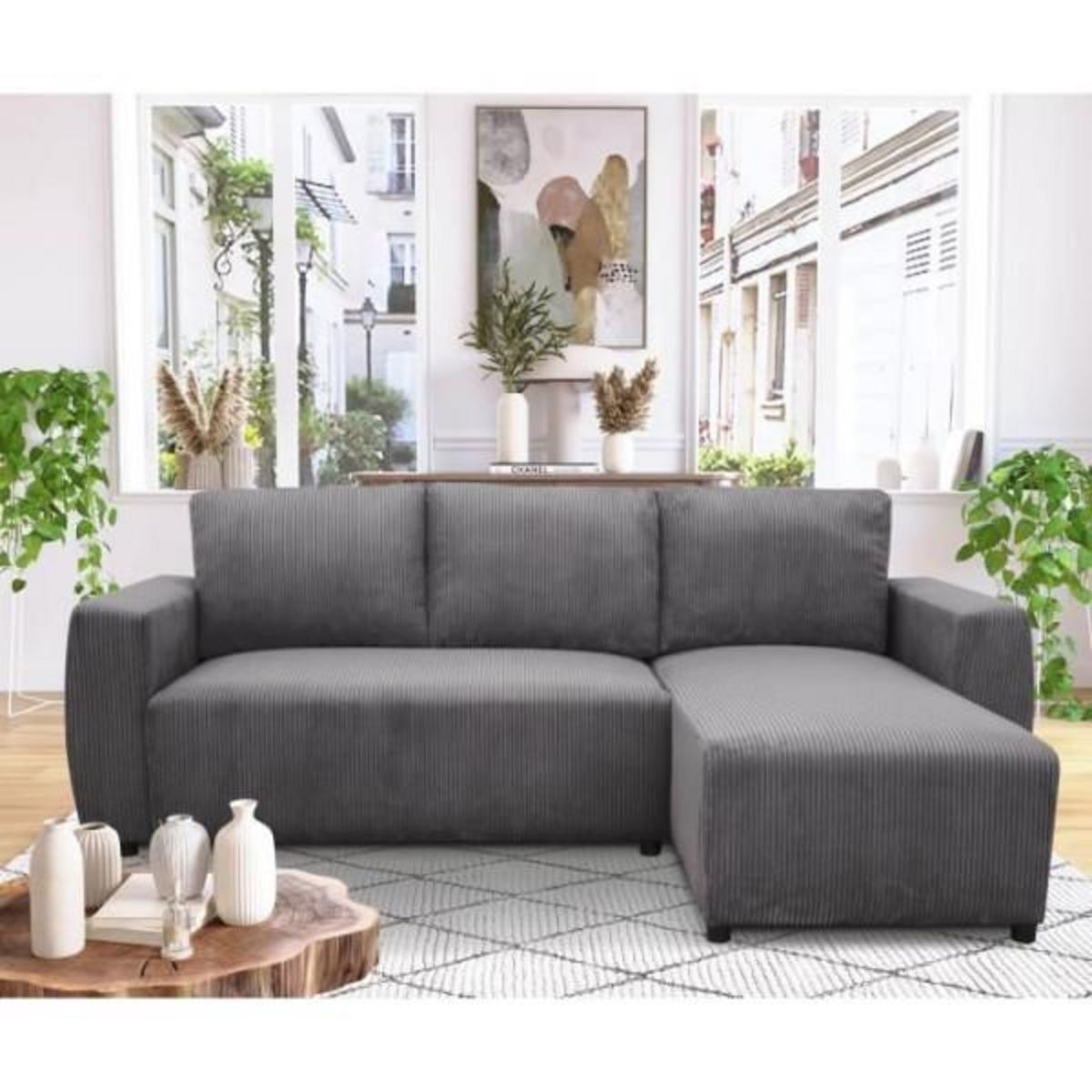 MARKET24 Canapé d'angle convertible réversible 3-4 places PHARELL - velours côtelé Anthracite - Coffre de rangement - L224 x P155 x H