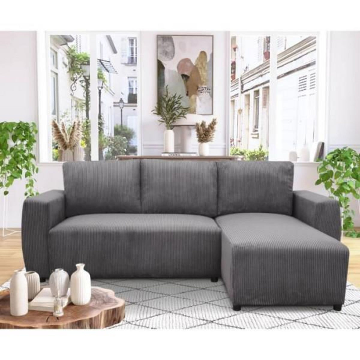 MARKET24 Canapé d'angle convertible réversible 3-4 places PHARELL - velours côtelé Anthracite - Coffre de rangement - L224 x P155 x H