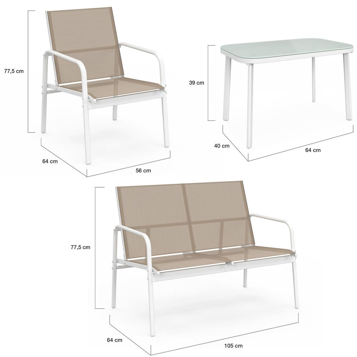 ID MARKET Salon de jardin bas TOLEDE 4 places avec canapé, fauteuils et table blanc et beige