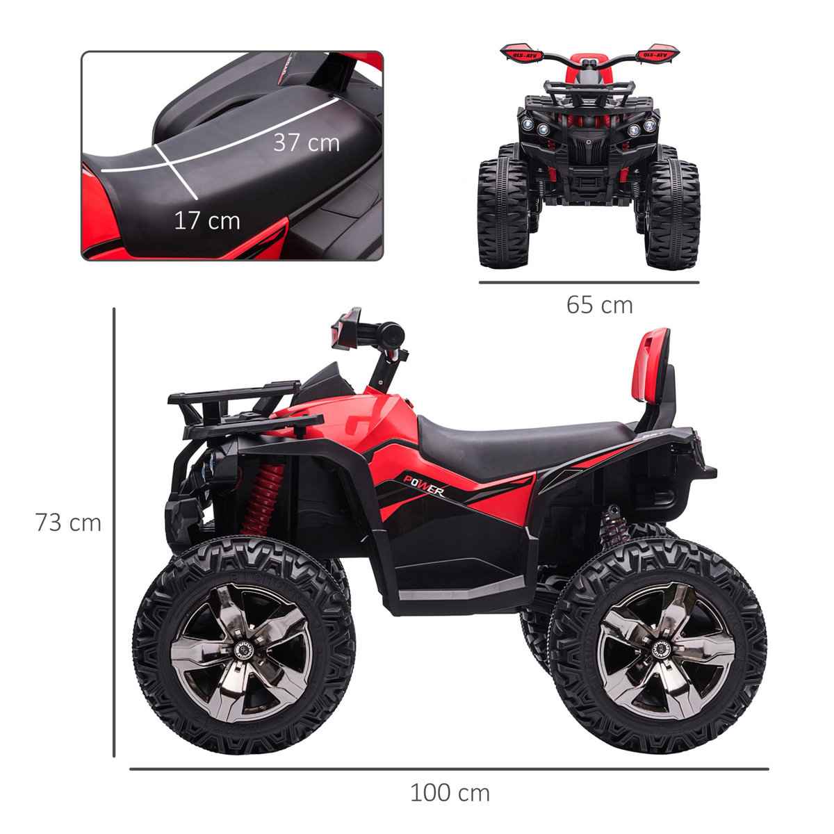 HOMCOM Voiture 4x4 quad buggy électrique enfant 12 V 5 Km/h max. effets lumineux sonores selle avec dossier porte-bagage avant métal PP rouge noir
