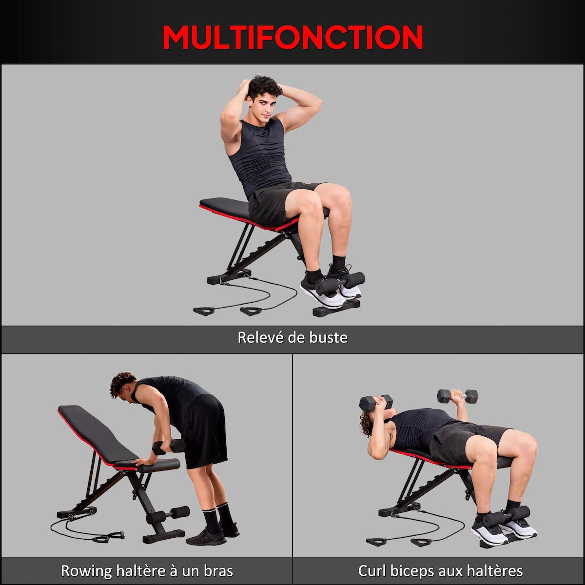 HOMCOM Banc de musculation pliable réglable 2 bandes de résistance incluses max. 120Kg