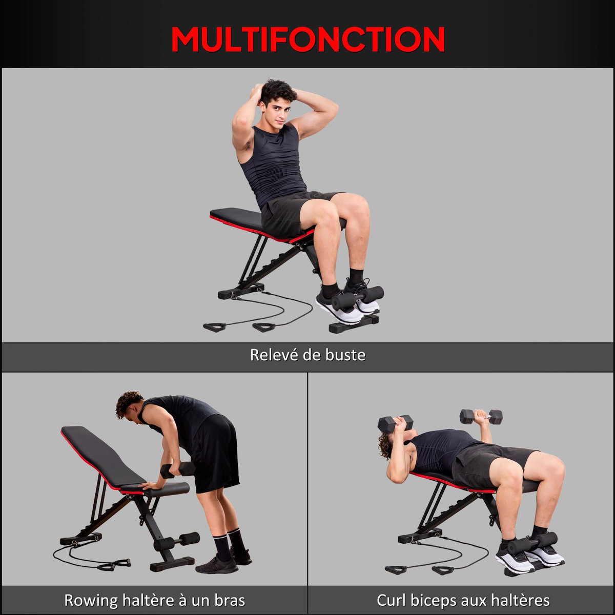 HOMCOM Banc de musculation pliable réglable 2 bandes de résistance incluses max. 120Kg