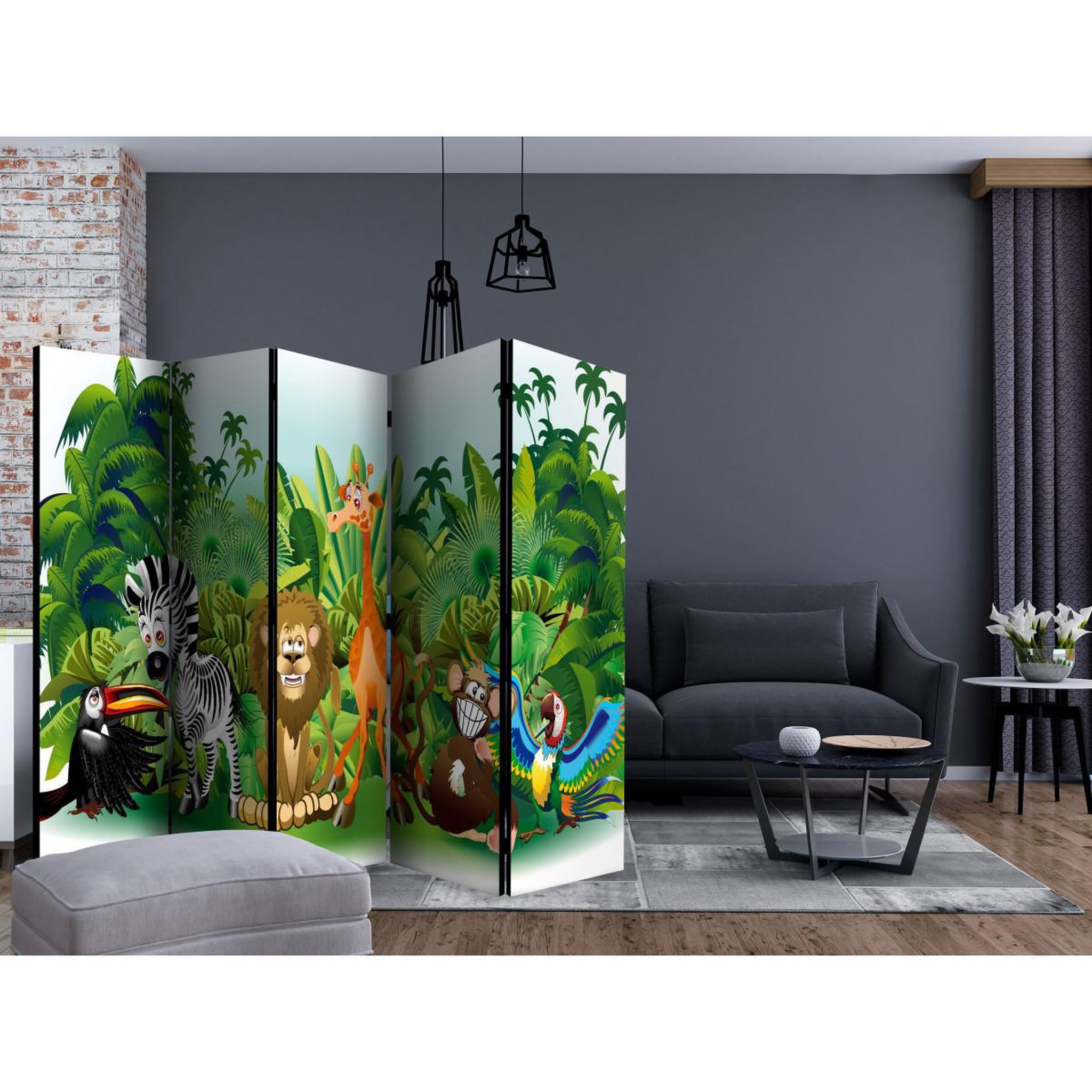 Voir la diapositive 2 : Paris Prix Paravent 5 volets  jungle animals  172x225cm