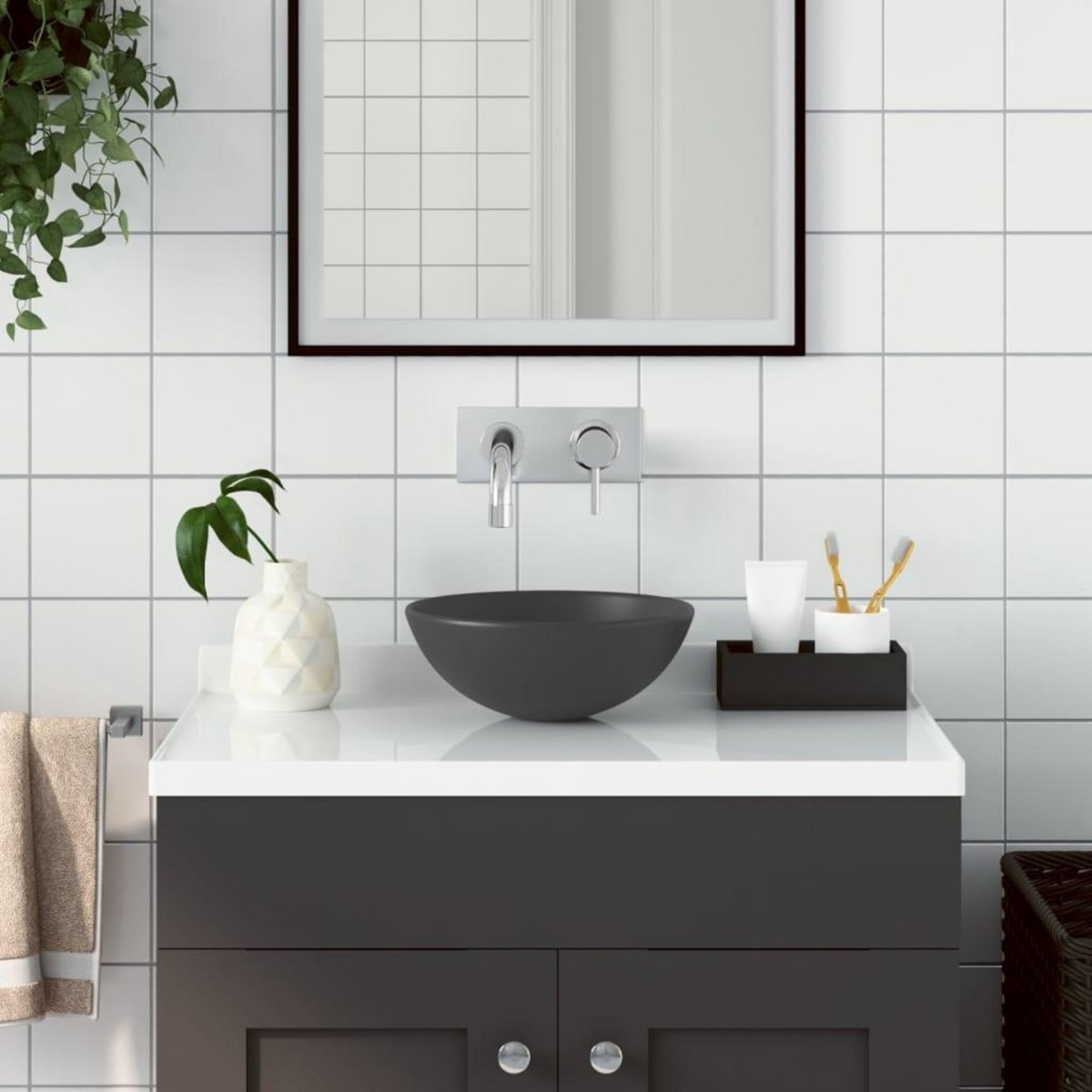 VIDAXL Lavabo de salle de bain Ceramique Gris fonce Rond