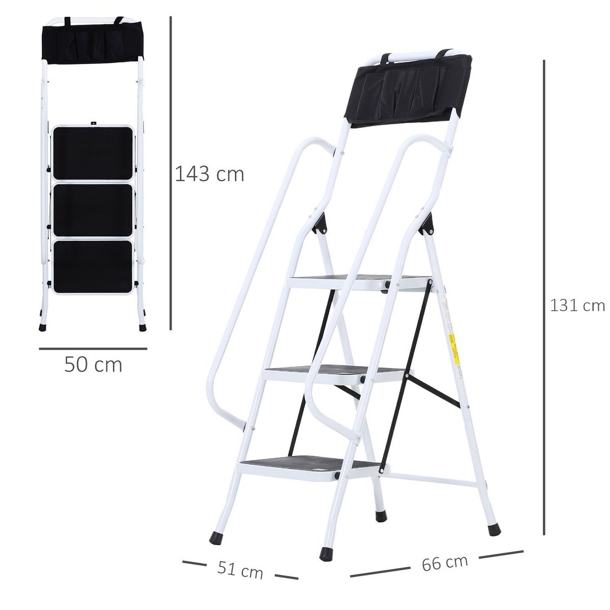 HOMCOM HOMCOM Escabeau pliable 3 marches XL antidérapantes double garde corps hauteur max. 1,31 m charge max. 150 Kg pochette outils intégrée acier blanc noir