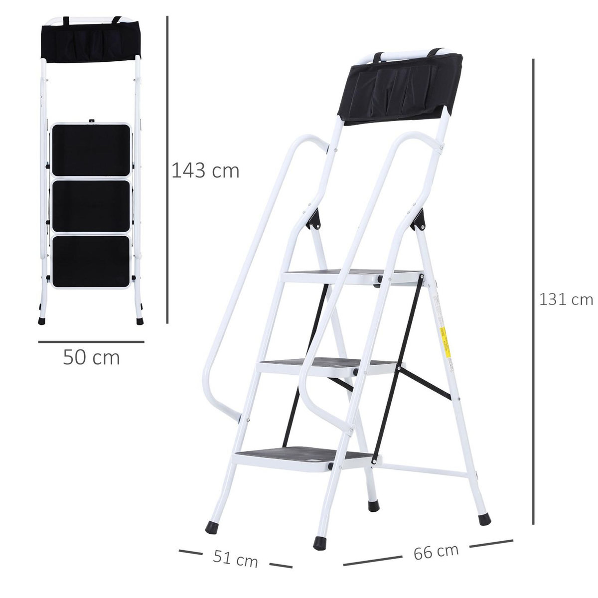 HOMCOM HOMCOM Escabeau pliable 3 marches XL antidérapantes double garde corps hauteur max. 1,31 m charge max. 150 Kg pochette outils intégrée acier blanc noir