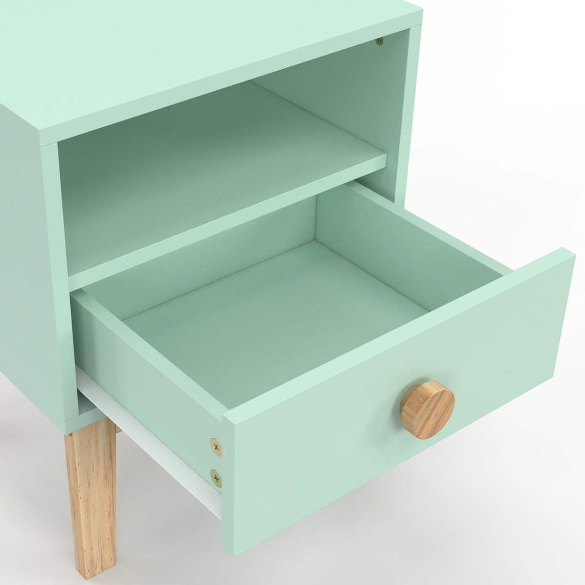 ID MARKET Table de chevet enfant JACOB 1 tiroir + 1 niche vert d'eau et bois