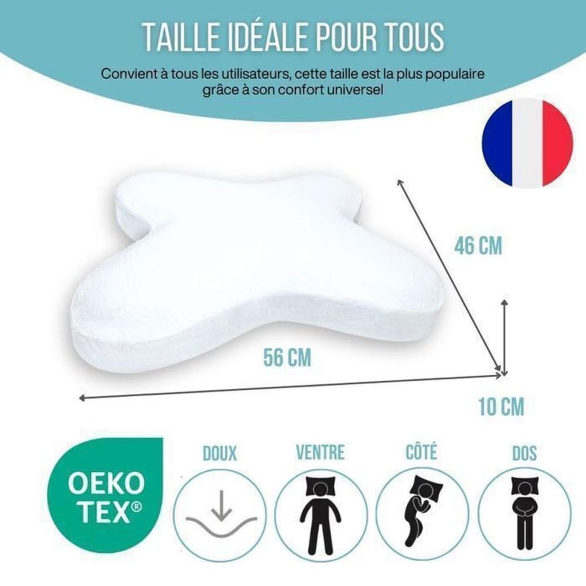 Voir la diapositive 5 : Oreiller Papillon ergonomique à mémoire de forme profil bas 10 cm, 56x46 cm, blanc, taie en coton amovible