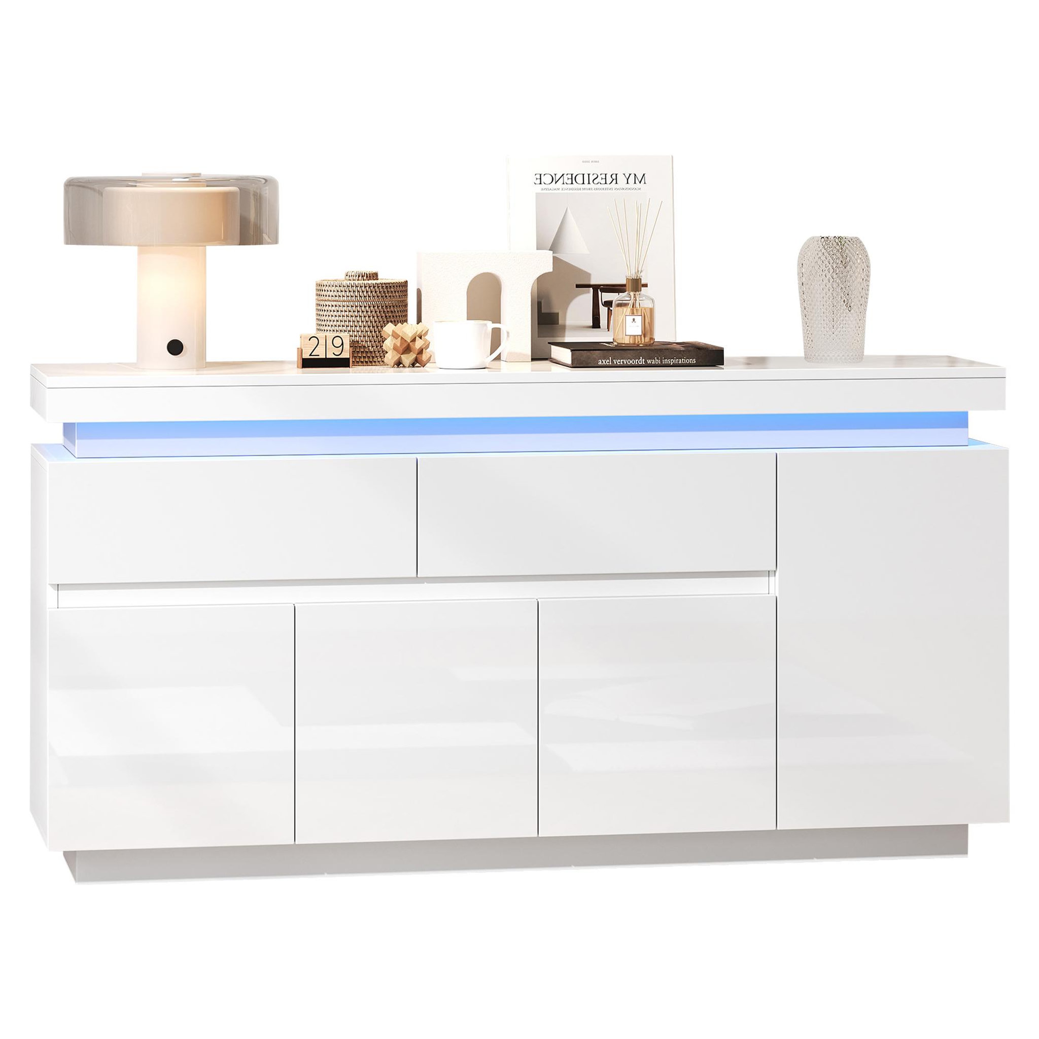 MERAX Buffet 4 porte(s) 2 tiroir(s) - 140 cm blanc led panneau de particules