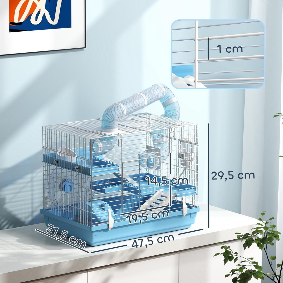 PAWHUT Cage pour hamster portable 2 portes 2 étages nombreux accessoires et tubes blanc bleu