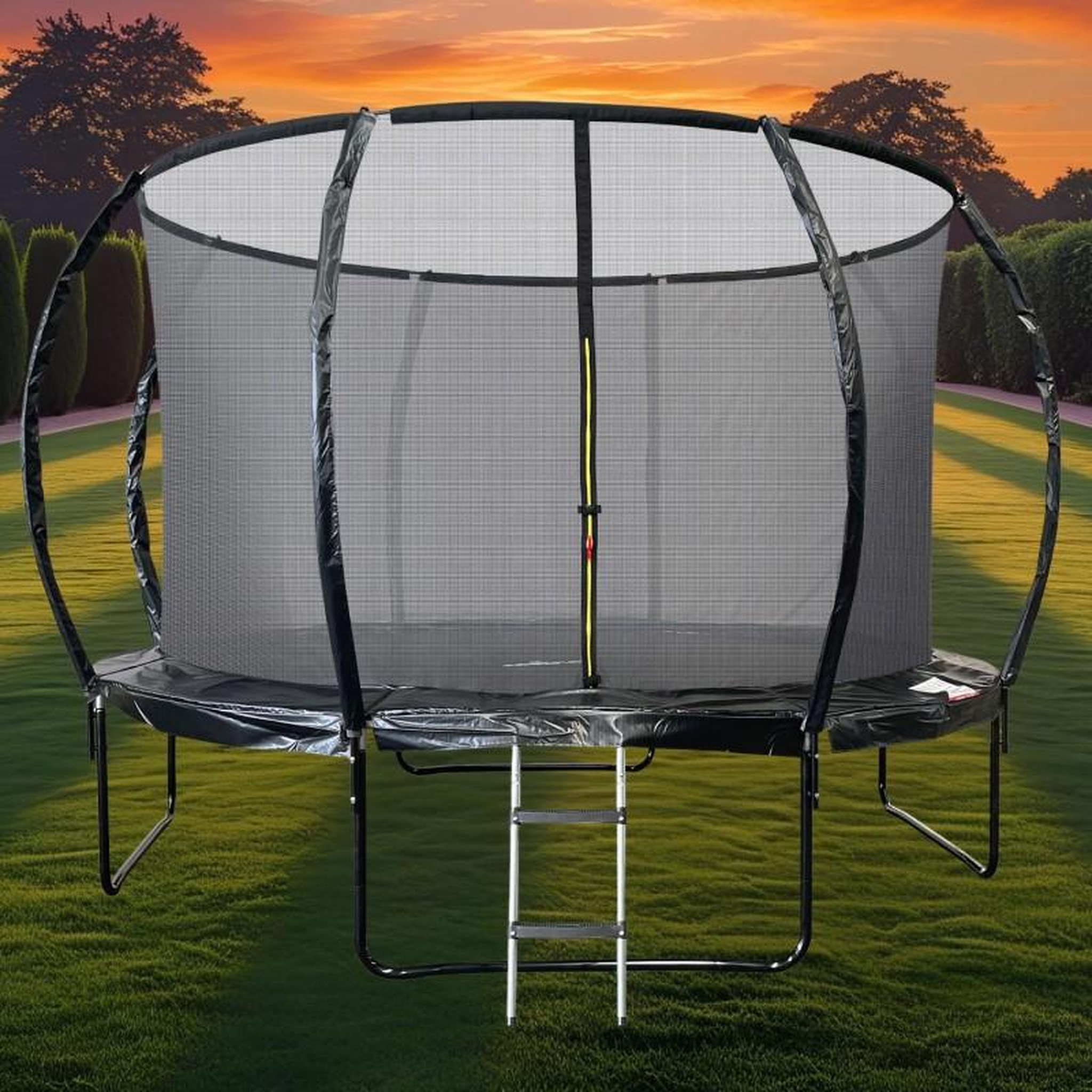 Voir la diapositive 2 : JUMP4FUN Trampoline 12Ft ø 366 cm noire avec Echelle, Protection et Filet de sécurité