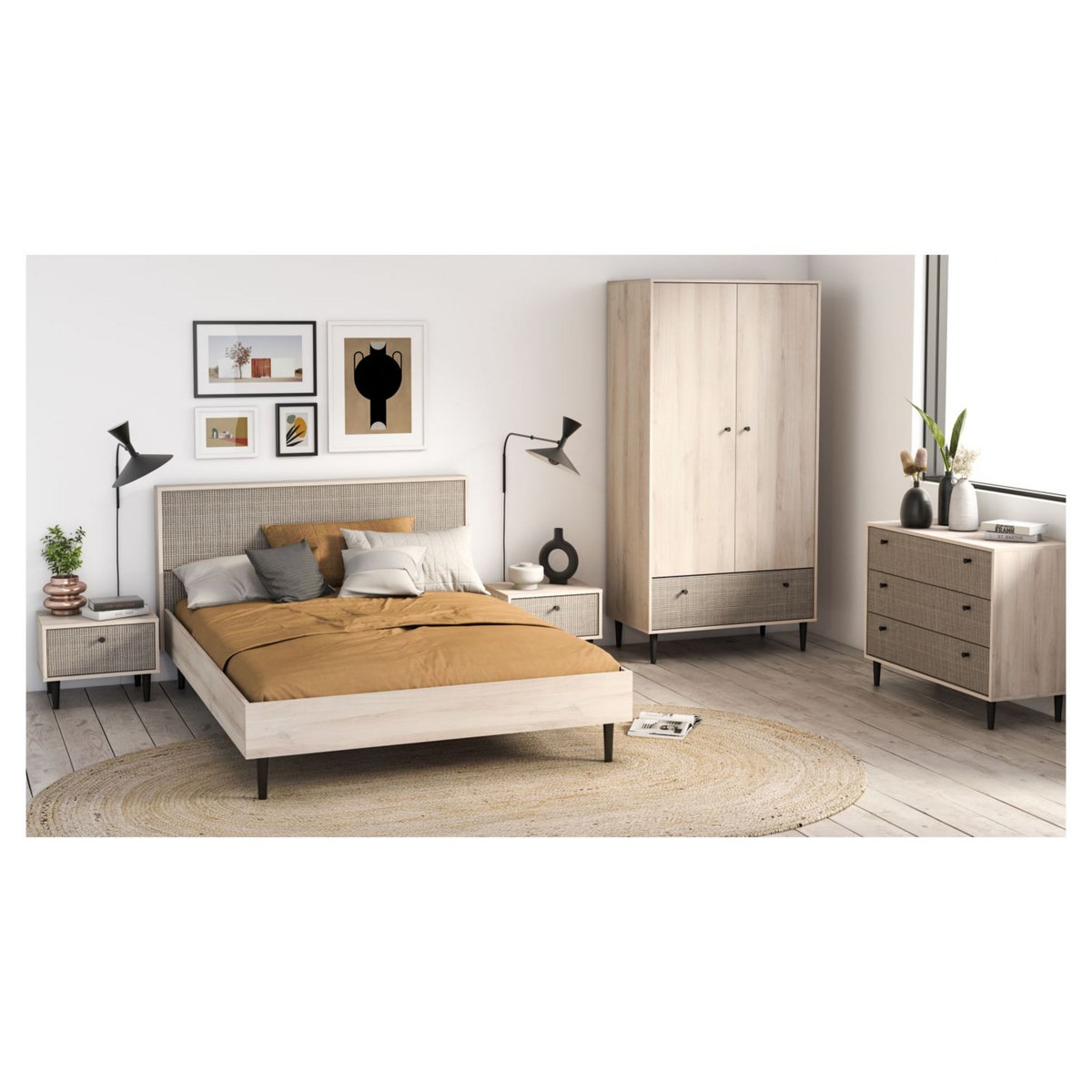 Armoire 2 portes 1 tiroir décor effet cannage L90cm HANOÏ