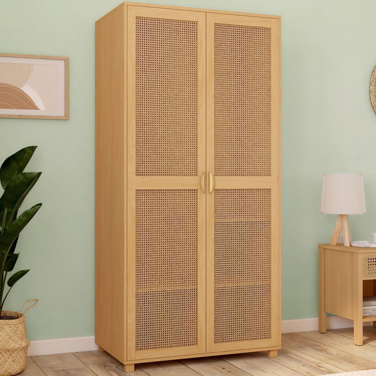 ID MARKET Armoire 2 portes EDHEN bois et cannage penderie 80 cm avec étagères rangement