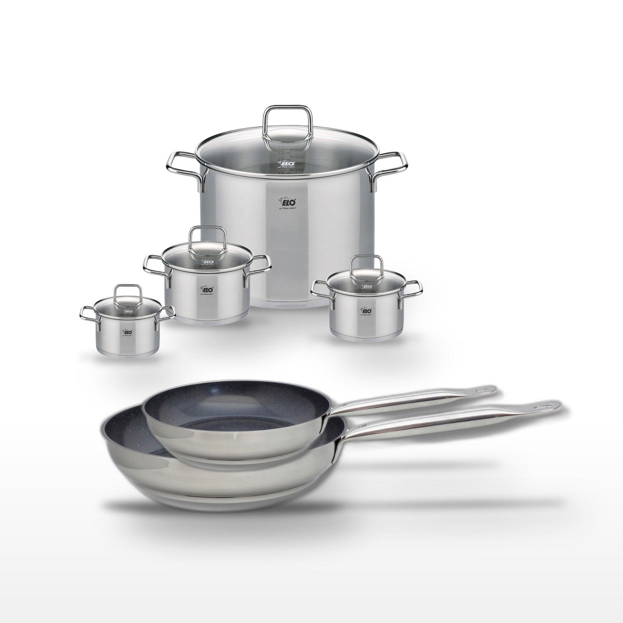 ELO Lot 2 poêles 24/28cm elo profi therm platinum et 4 faitouts elo citrin