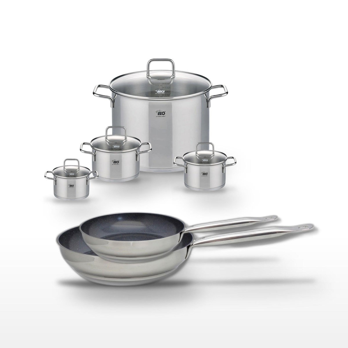 ELO Lot 2 Poêles 24/28cm Elo Profi Therm Platinum et 4 Faitouts Elo Citrin