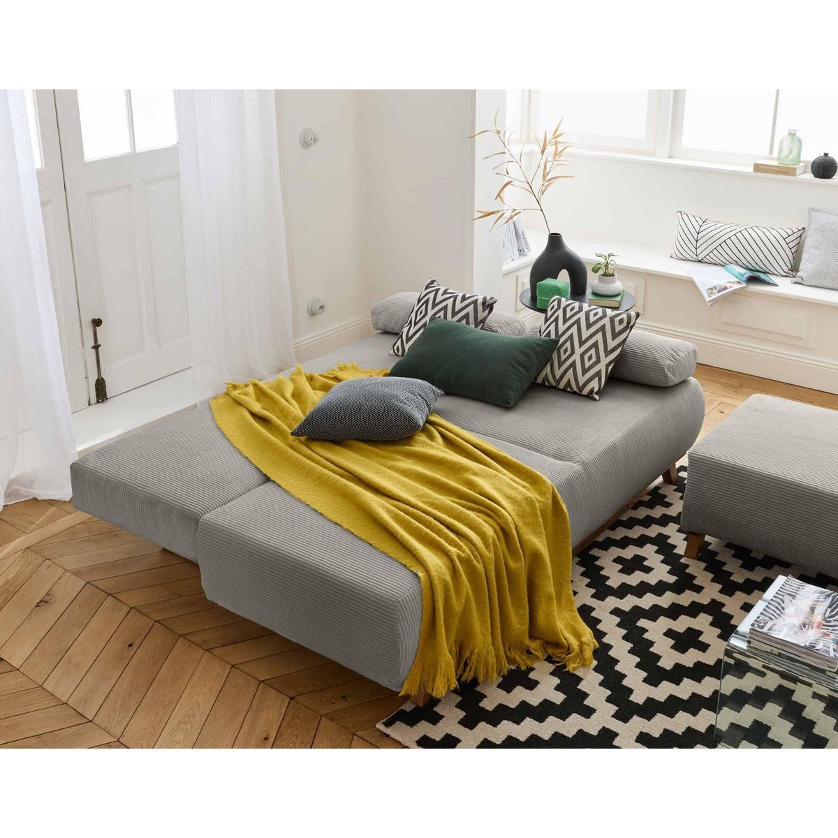 BEST MOBILIER Cristal - canapé 3 places - convertible avec coffre et pouf - en velours côtelé