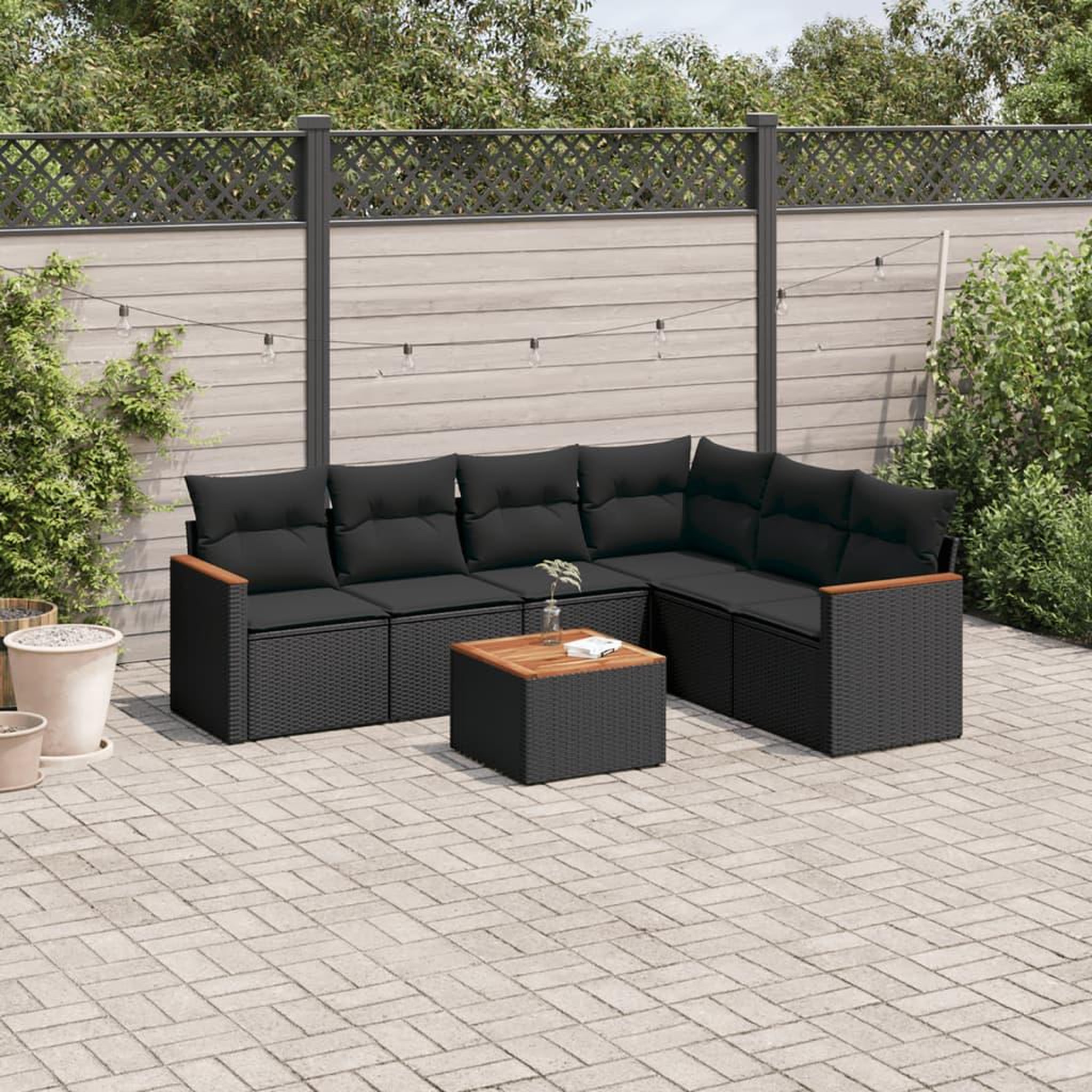 VIDAXL Salon de jardin 7 pcs avec coussins noir resine tressee