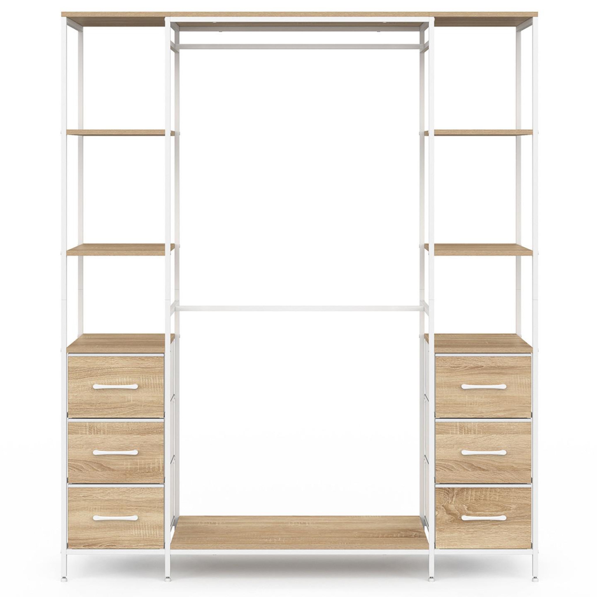 Voir la diapositive 3 : ID MARKET Dressing double penderie + double colonne l. 140 cm utah avec 6 étagères et 6 bacs en tissu bois et blanc