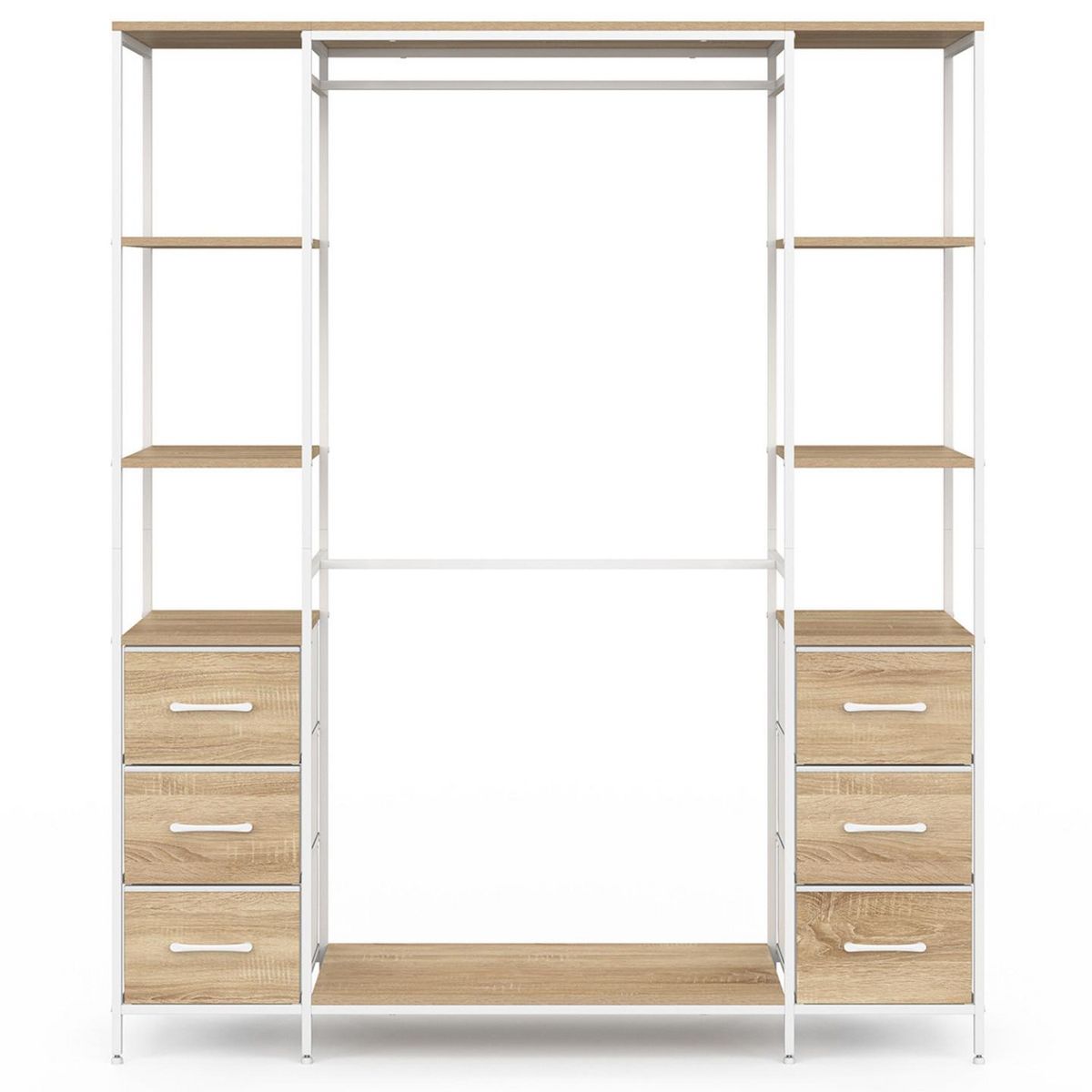 ID MARKET Dressing double penderie + double colonne L. 140 cm UTAH avec 6 étagères et 6 bacs en tissu bois et blanc