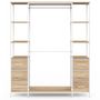 Voir la diapositive 3 : ID MARKET Dressing double penderie + double colonne L. 140 cm UTAH avec 6 étagères et 6 bacs en tissu bois et blanc