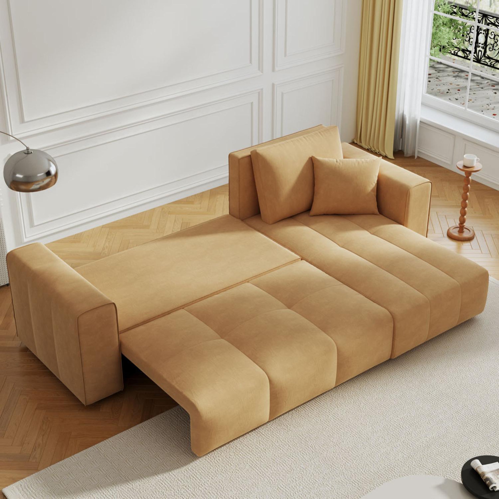Voir la diapositive 3 : CONCEPT USINE Canapé d'angle convertible 4 places avec coffre en velours jaune brighton