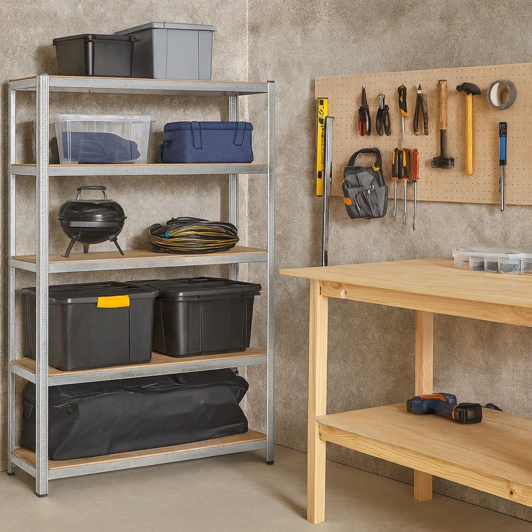 Voir la diapositive 3 : BRIXO Etagère de garage 5 tablettes bois mdf 120xp45xh180 cm charges lourdes 300kg structure acier rangement rayonnage brixo