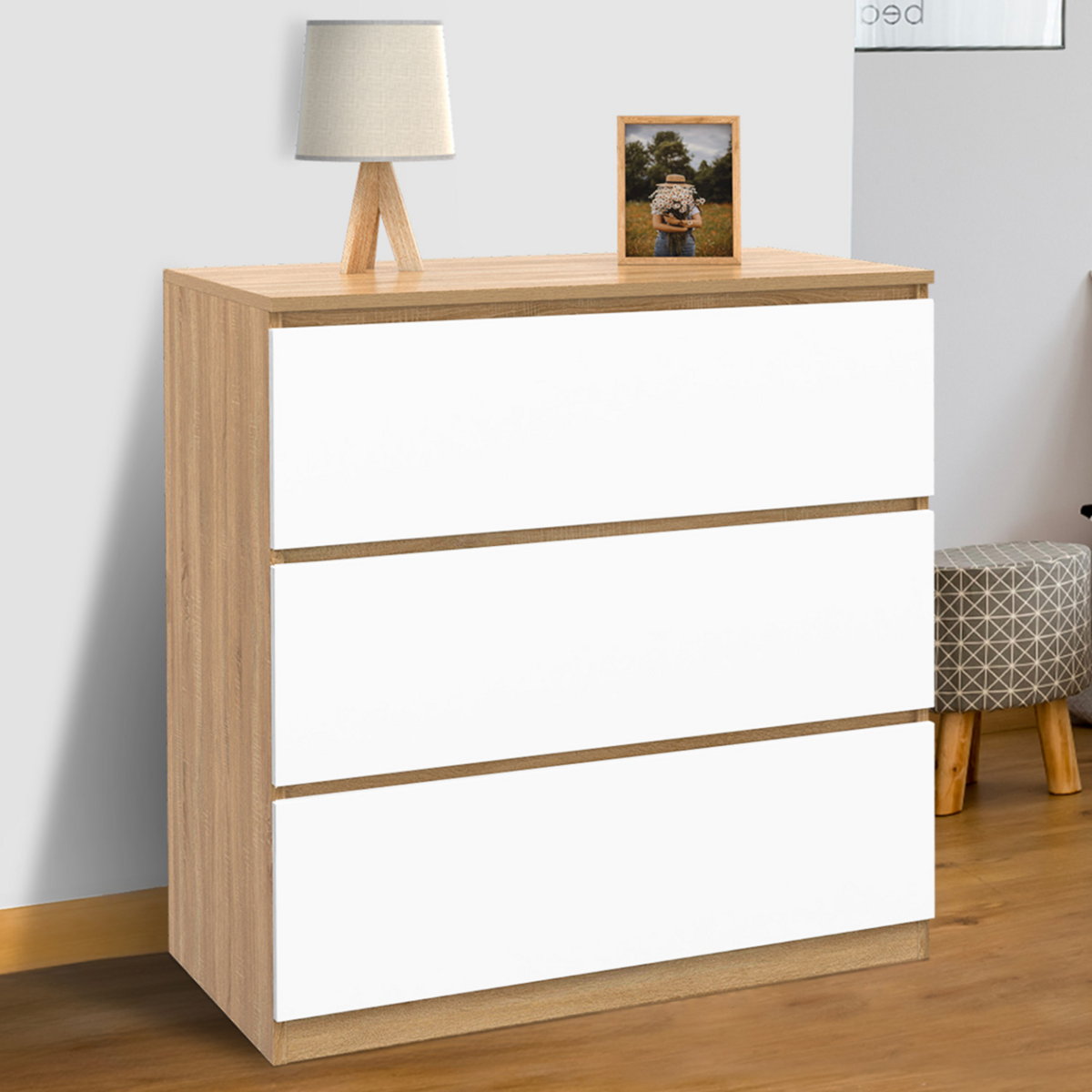 ID MARKET Commode 3 tiroirs TOMI 78 cm façon hêtre et blanc