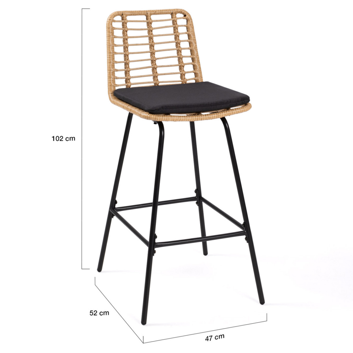 ID MARKET Lot de 2 tabourets de bar SUMMER effet rotin pied métal noir