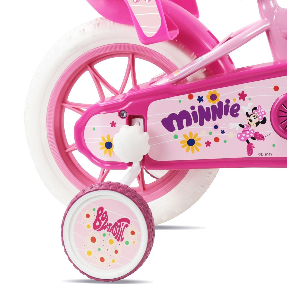 MINNIE Vélo enfant 12'' Minnie / Disney ( taille < 90/95 cm ) équipé de 1 frein avant, panier avant, porte poupée1 stabilisateurs.