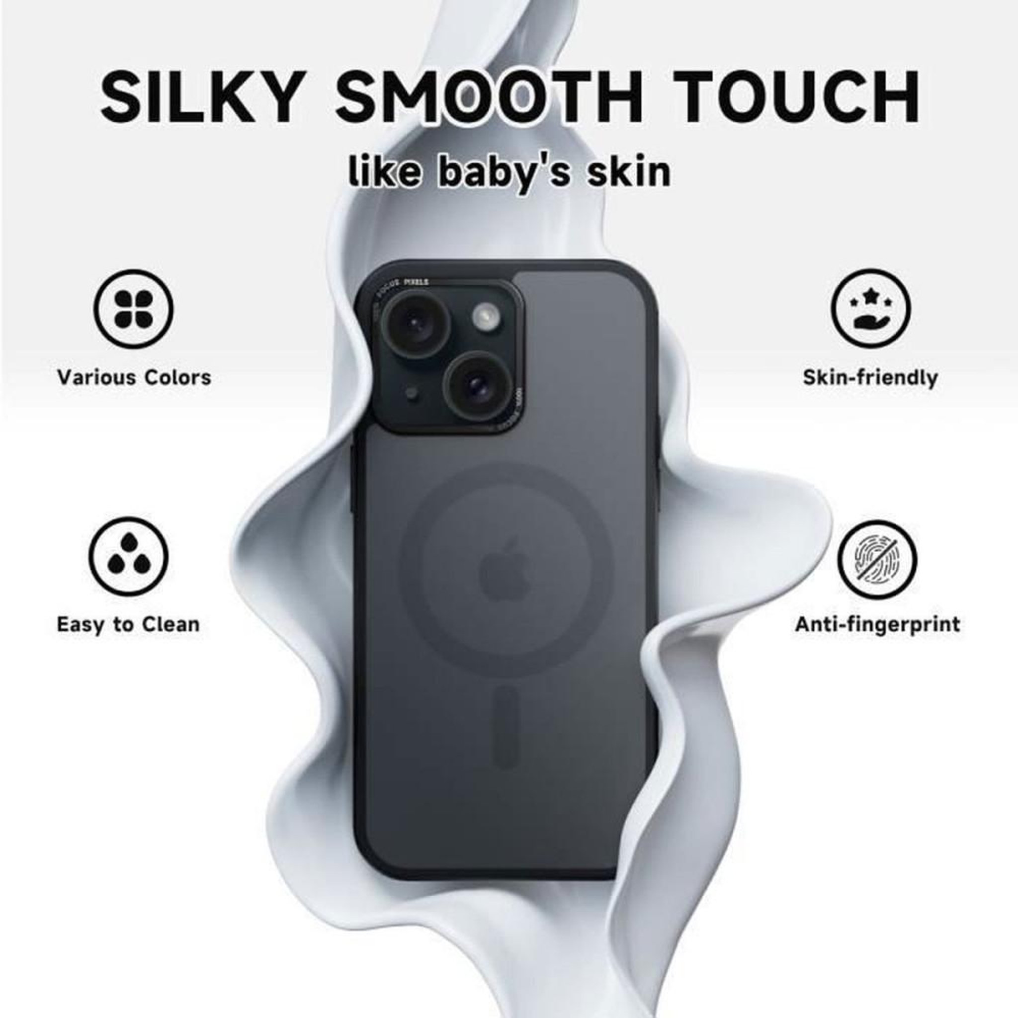 Voir la diapositive 3 : Coque iPhone 15 ultra mince bumper avec protection écran film, TPU soft touch et verre trempé, compatible MagSafe, finition anti traces, protection caméra, noir