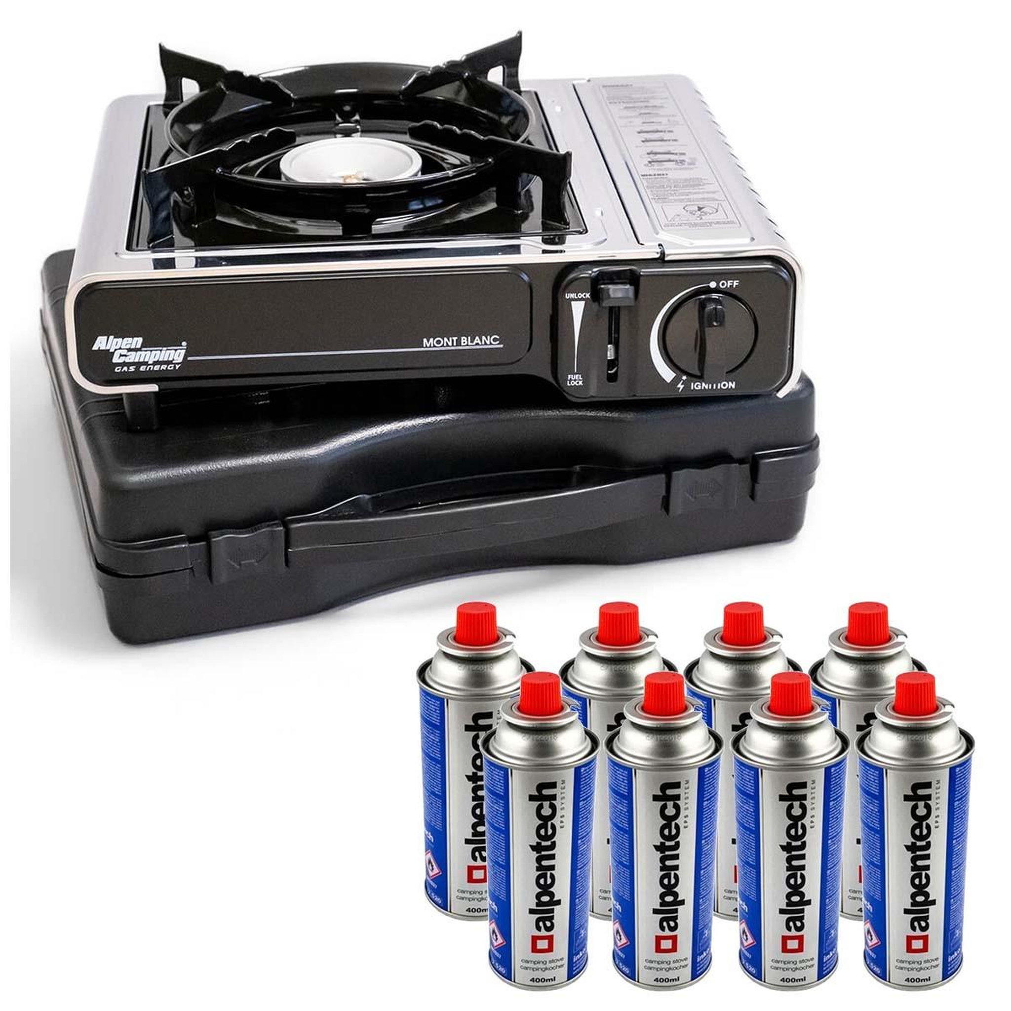 Voir la diapositive 1 : ALPENTECH Réchaud à gaz INOX 2200W MONT BLANC + 8 Cartouches de gaz Camping ALPEN