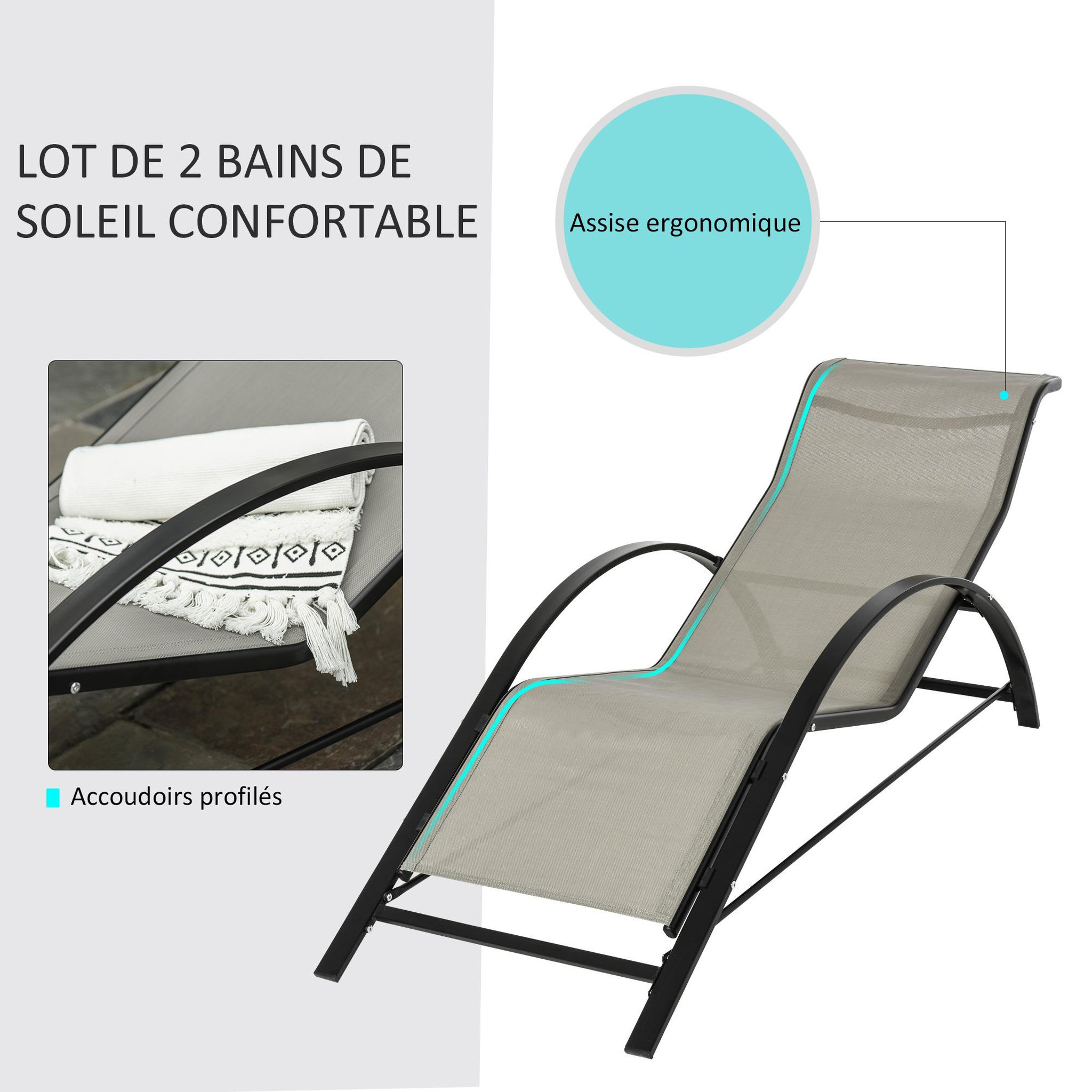 Voir la diapositive 4 : OUTSUNNY Lot de 2 bains de soleil design contemporain table basse plateau verre trempé métal époxy textilène grège