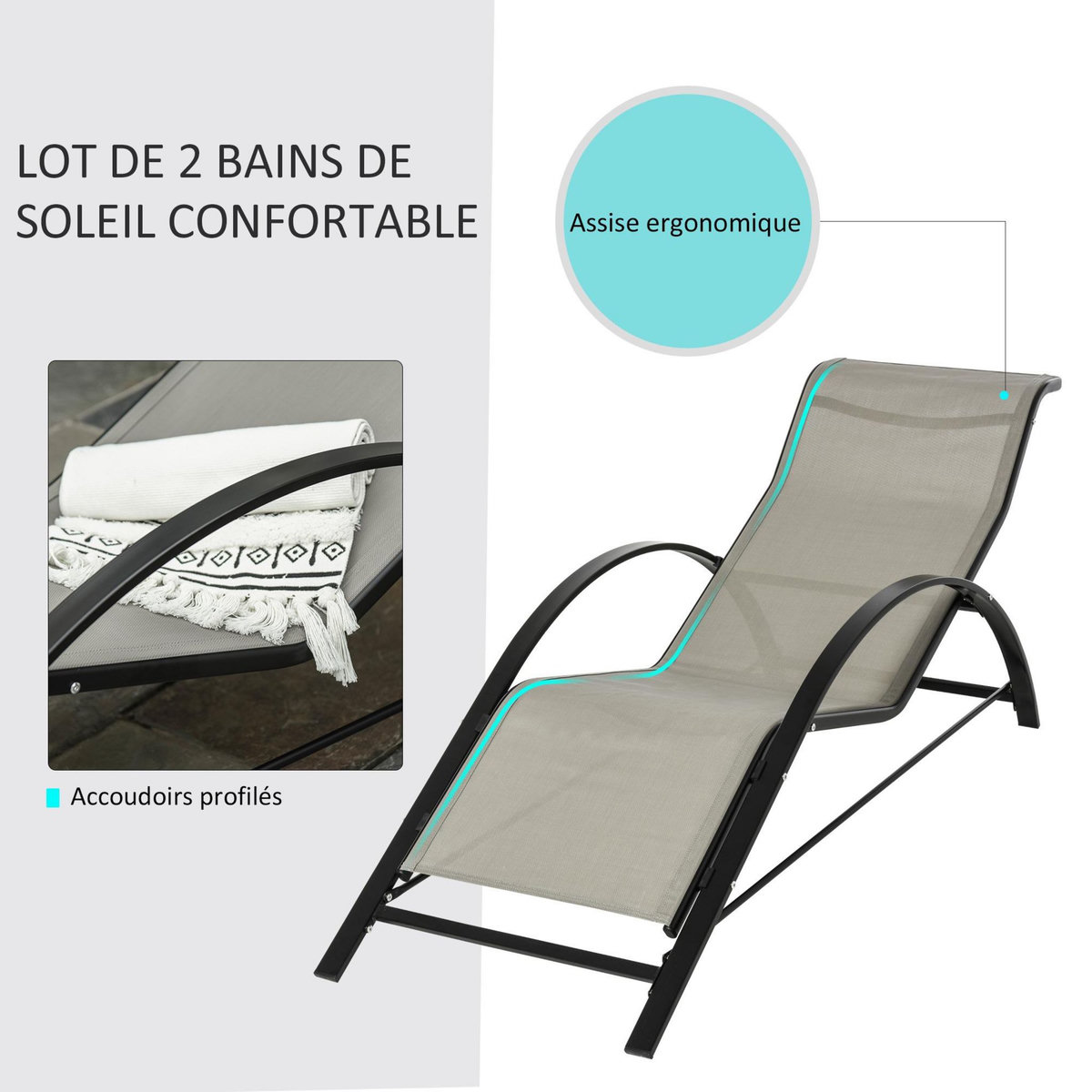 OUTSUNNY Lot de 2 bains de soleil design contemporain table basse plateau verre trempé métal époxy textilène grège