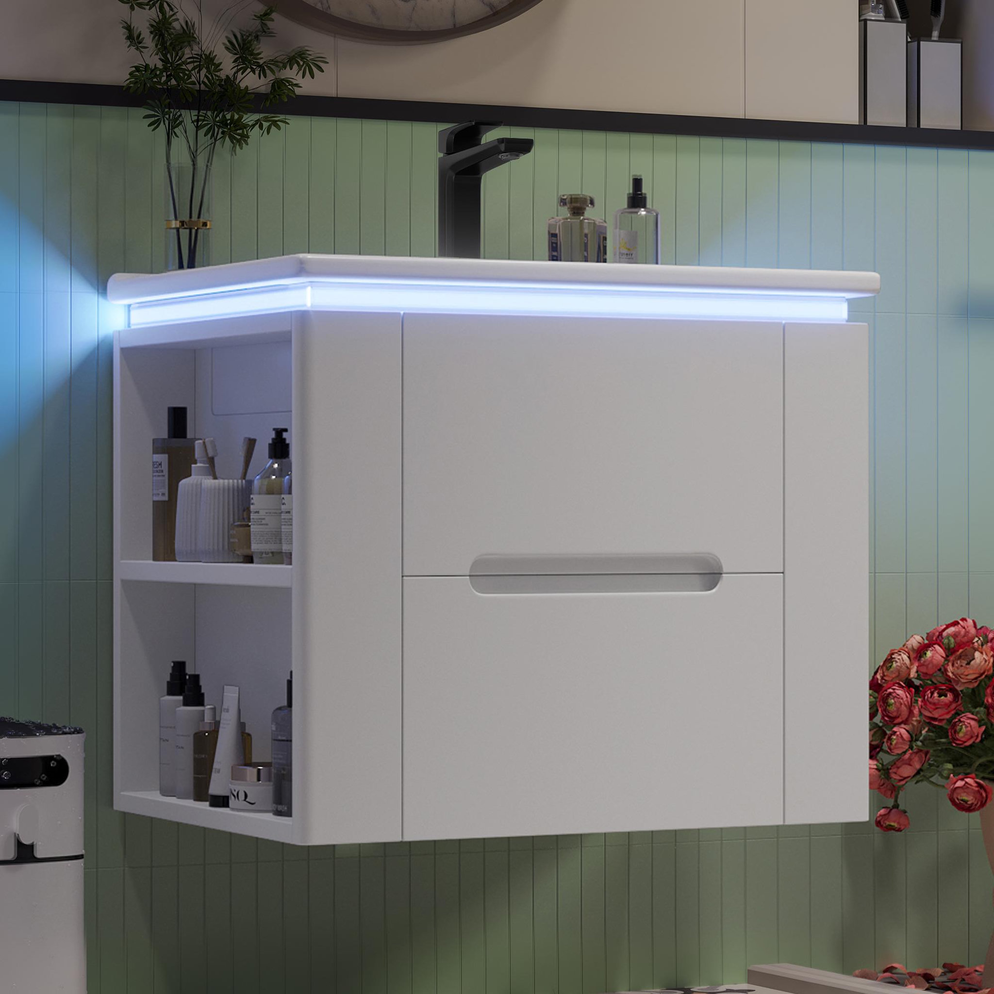Voir la diapositive 2 : MERAX Meuble De Salle De Bain Vasque 2 Tiroirs, 2 Étagères Et LED Blanc