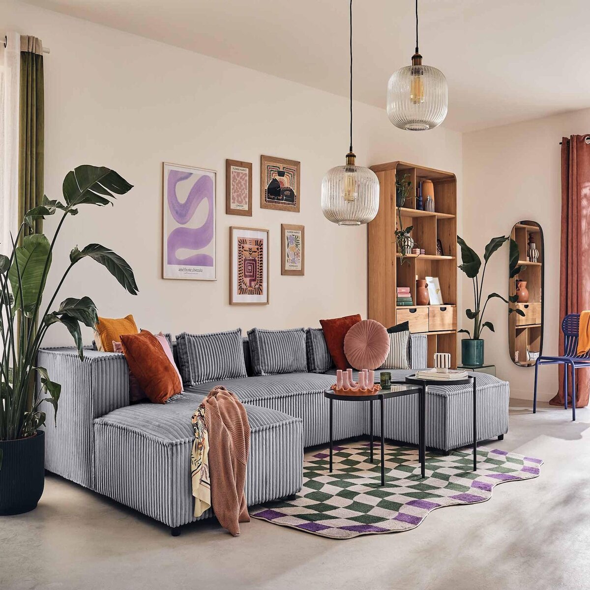 LISA DESIGN Stella - canapé panoramique en u - 7 places - en velours côtelé grosses côtes