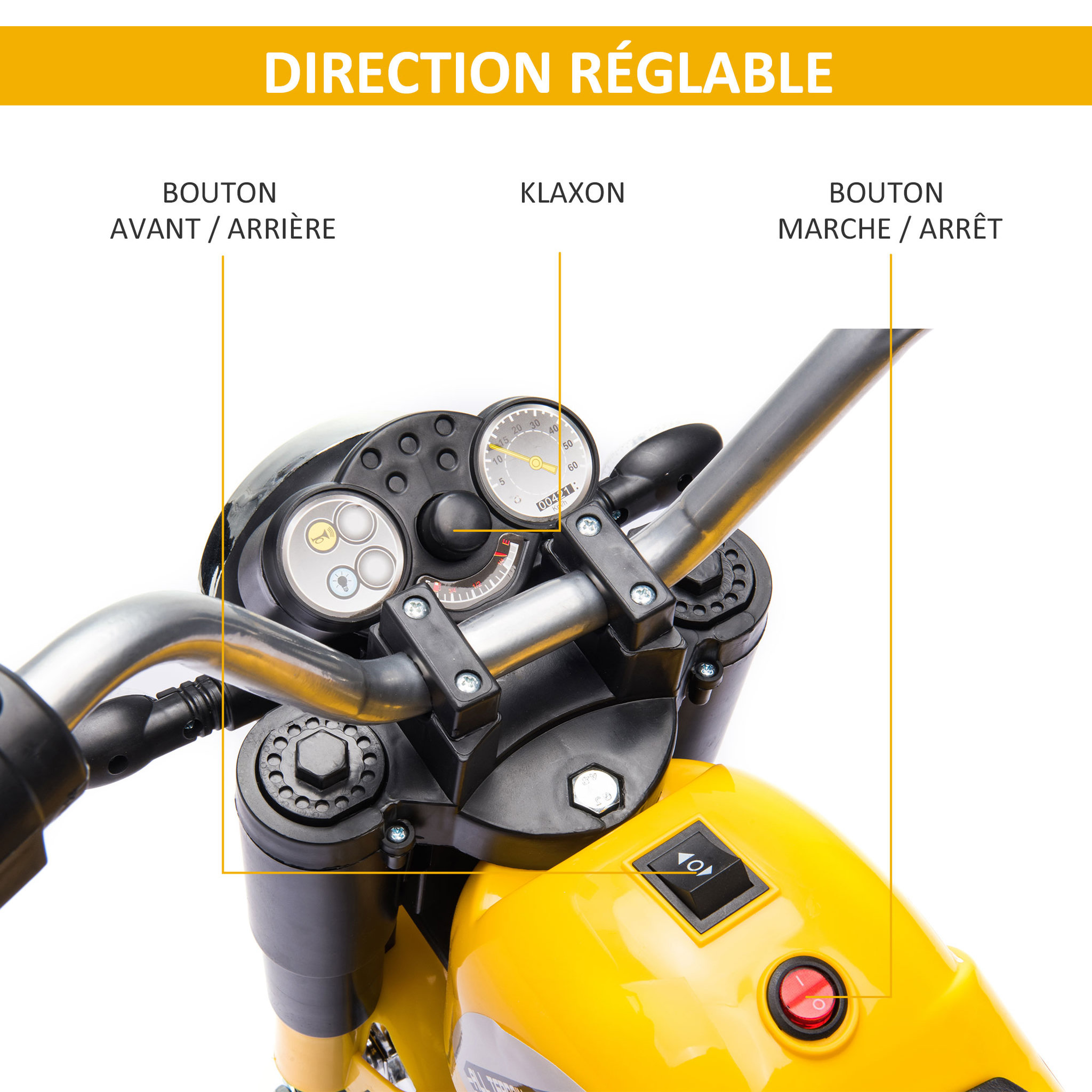 Voir la diapositive 4 : HOMCOM Moto électrique enfant chopper tout-terrain  6 V 20 W marche AV AR 3 roues effets lumineux et sonores jaune noir