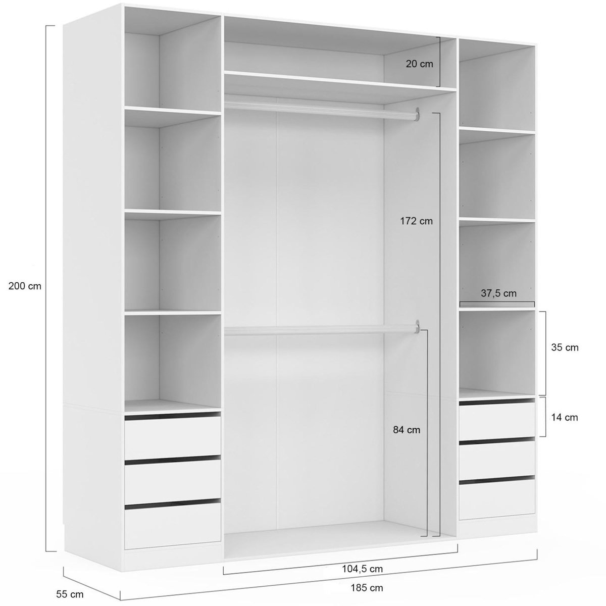 ID MARKET Dressing double TAYLA 185 x 55 x 200 cm avec étagères + double penderie + tiroirs blanc