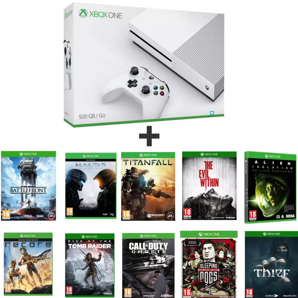 Console Xbox One S 500 Go + TITANFALL + THE EVIL WITHIN + ALIEN ISOLATION - LIMITED EDITION + CALL OF DUTY GHOSTS + SLEEPING DOGS + THIEF + HALO 5 GUARDIANS + RISE OF THE TOMB RAIDER + STAR WARS BATTLEFRONT + RECORE