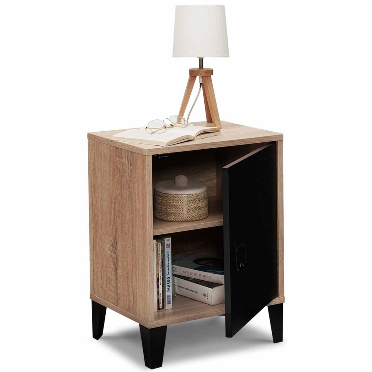 ID MARKET Table de chevet ESTER effet bois 1 porte métal noir design industriel