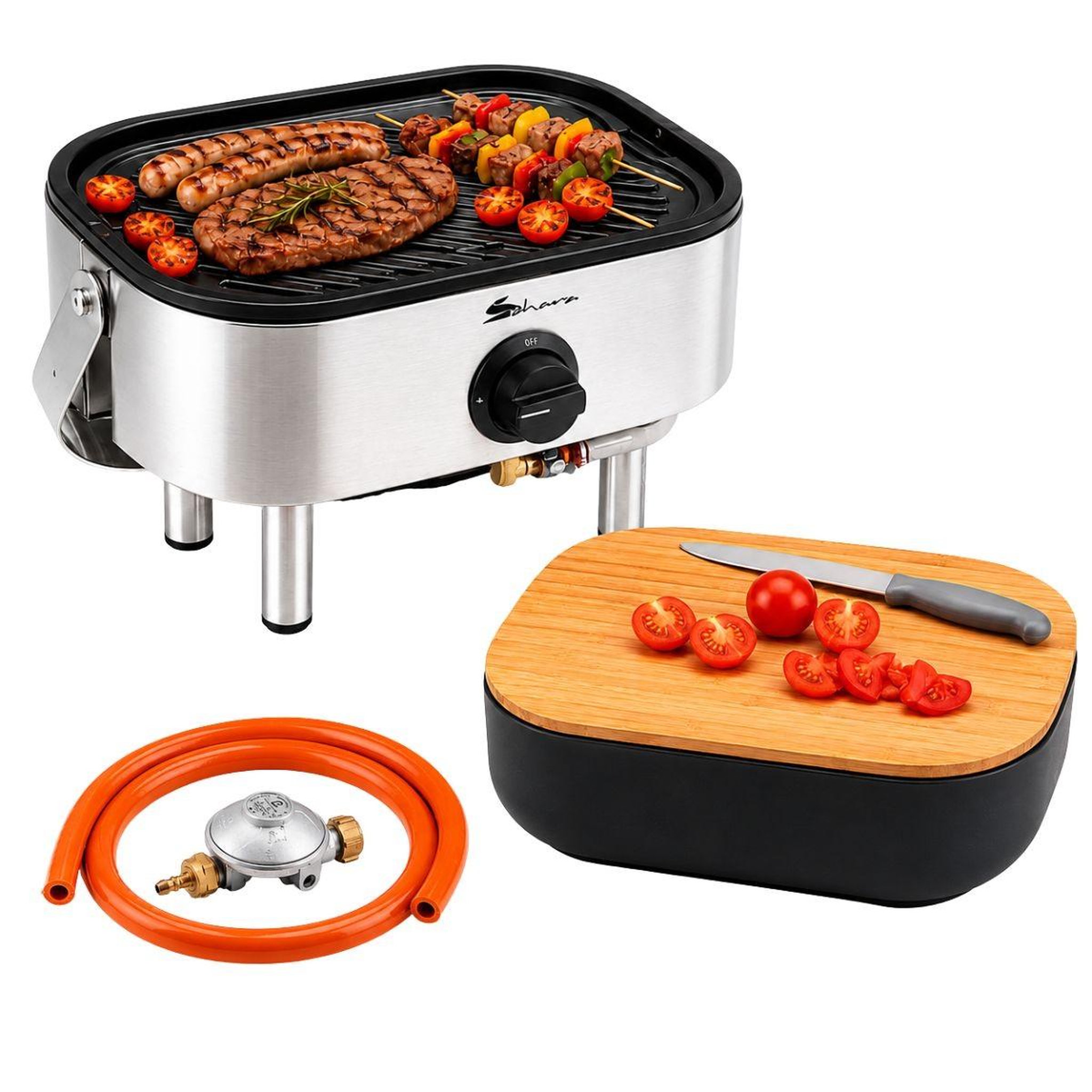 Voir la diapositive 2 : SAHARA Barbecue à gaz portable compact 2,7kw grille en fonte mini barbecue de table inox planche à découper bois 2 à 4 personnes sahara